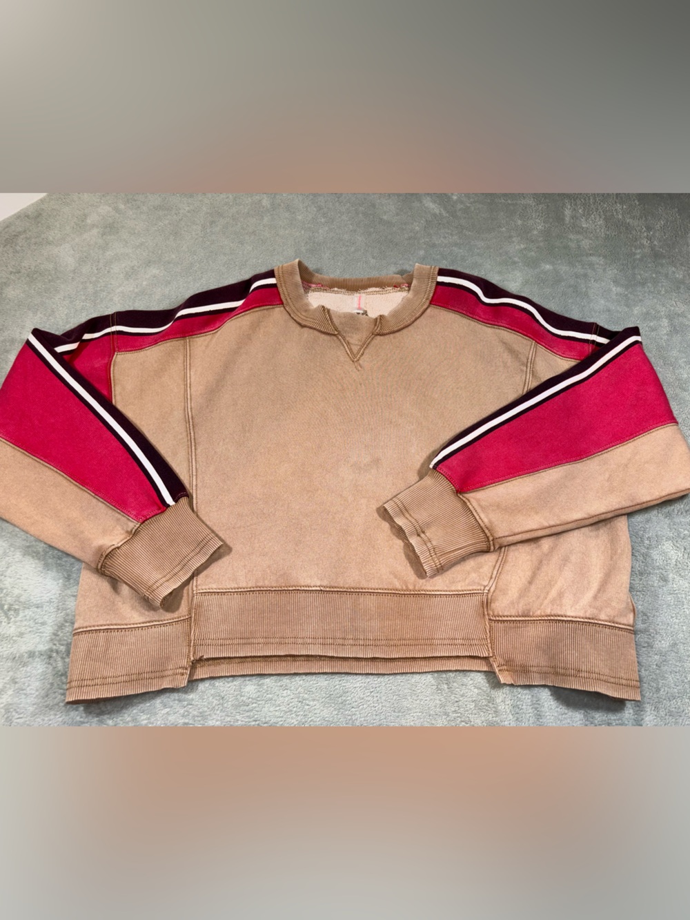 FP Movement Free People Striped Sleeve Cropped Velour Sweatshirt Beige Red S